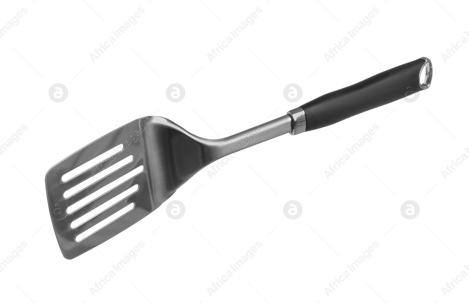 Photo of One metal spatula with black handle isolated on white