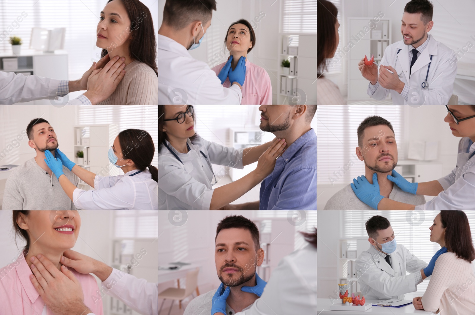 Image of Prevention thyroid diseases. Collage with different photos of doctor and patient