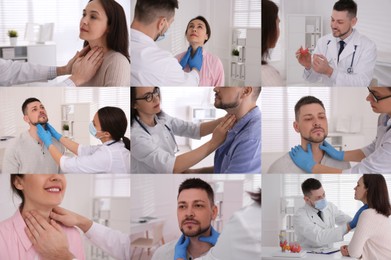 Image of Prevention thyroid diseases. Collage with different photos of doctor and patient