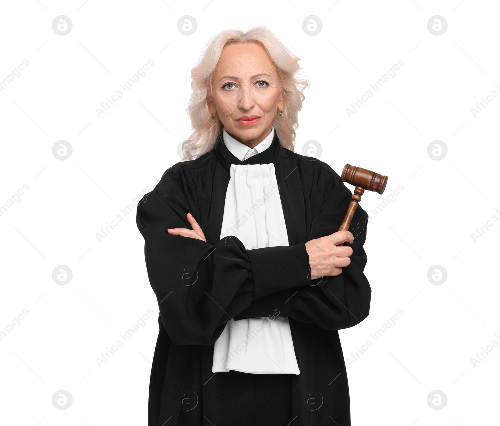 Photo of Senior judge with gavel on white background