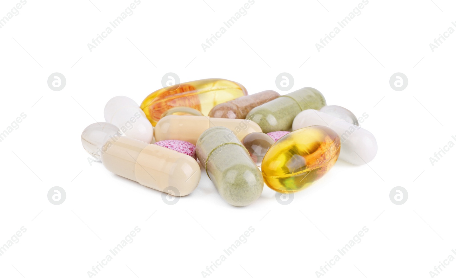 Photo of Many different vitamin pills isolated on white