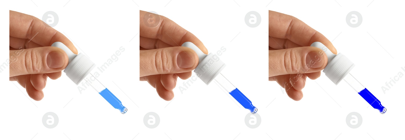 Image of Collage with women holding pipettes with different essential oils on white background, closeup. Banner design