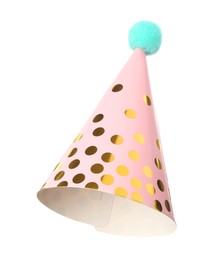 Photo of One pink party hat isolated on white