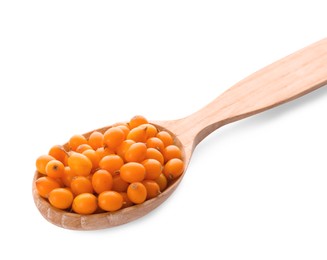 Photo of Wooden spoon with fresh ripe sea buckthorn berries on white background