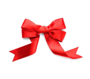 Photo of Red ribbon bow on white background, top view