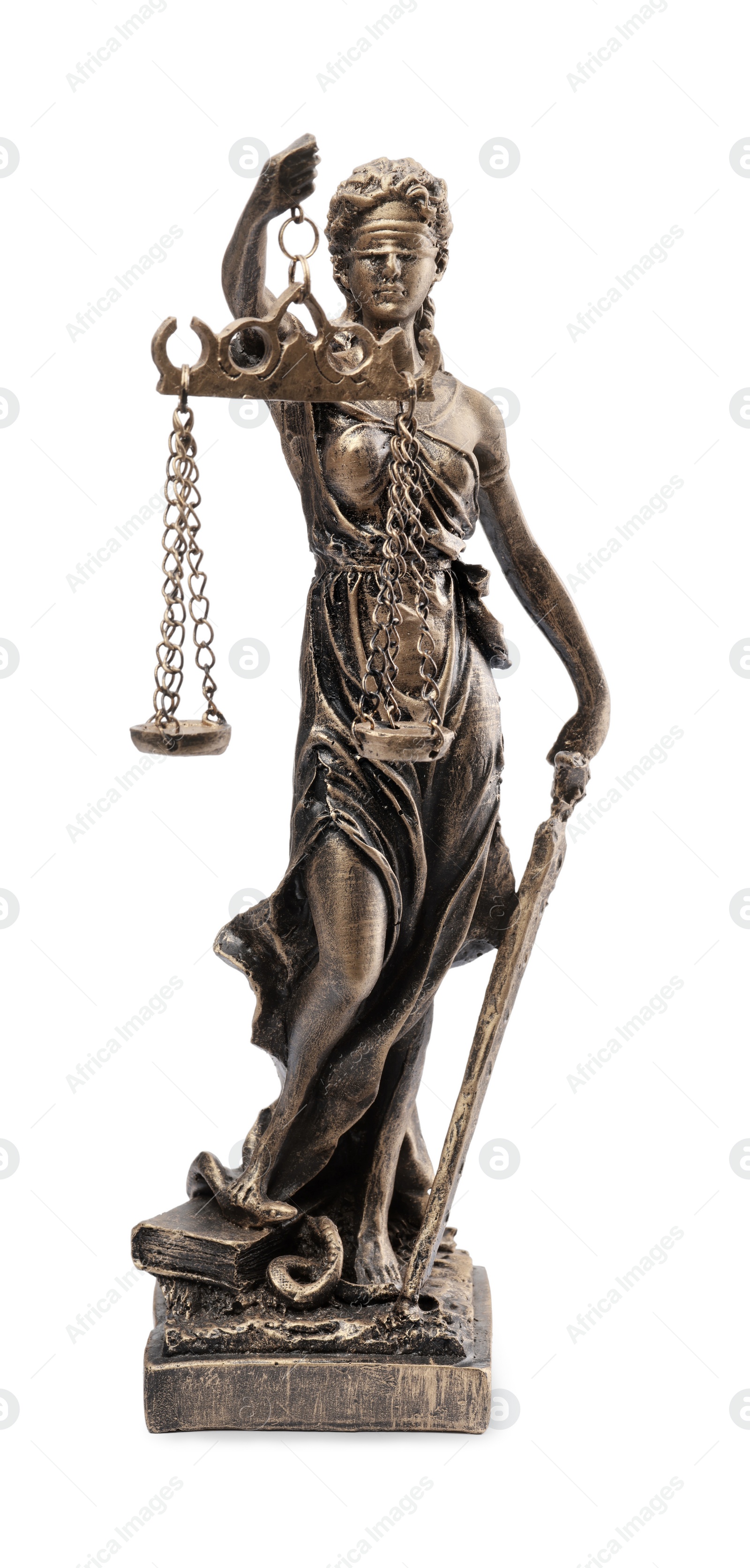 Photo of Statue of Lady Justice isolated on white. Symbol of fair treatment under law