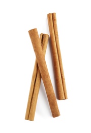 Photo of Aromatic dry cinnamon sticks on white background, top view