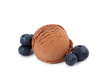 Scoop of chocolate ice cream and blueberries isolated on white