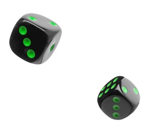 Two black dice in air on white background