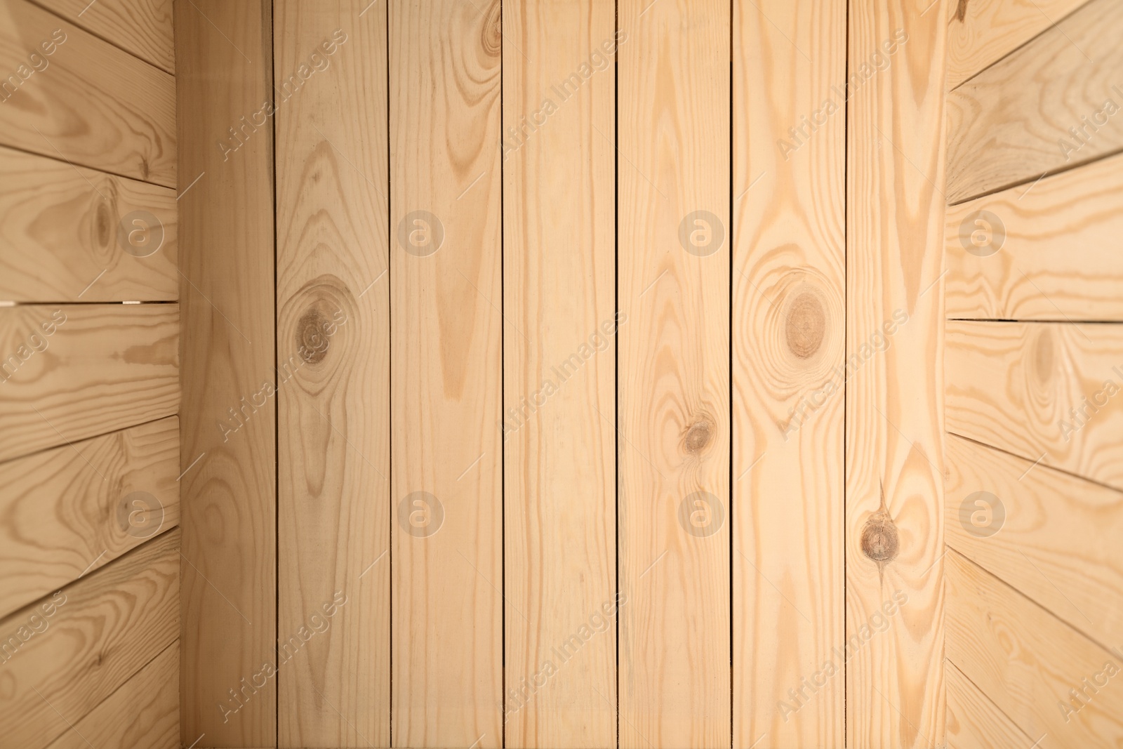 Photo of Top view of rustic wooden crate, closeup