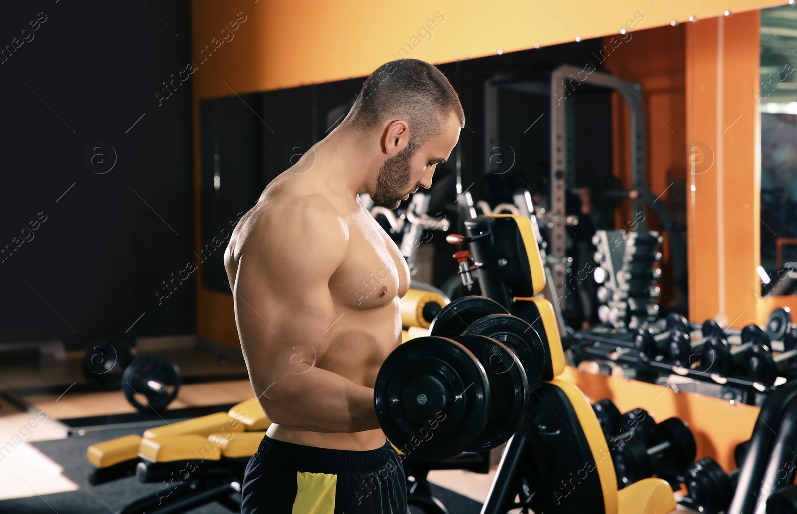 Photo of Strong young man lifting dumbbells in gym
