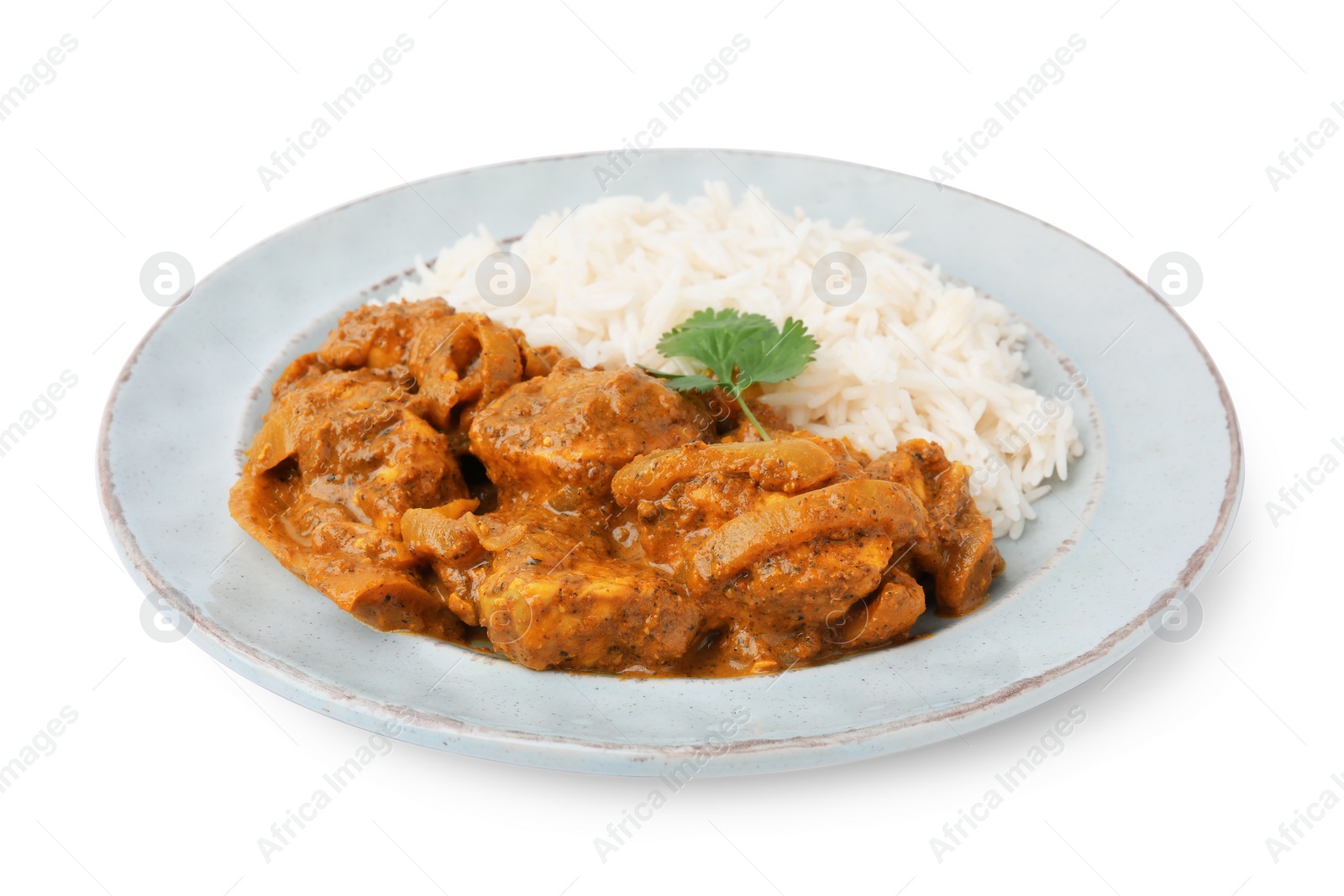 Photo of Delicious chicken curry with rice isolated on white