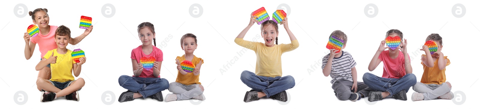 Image of Cute children with pop it fidget toys on white background, collage. Banner design