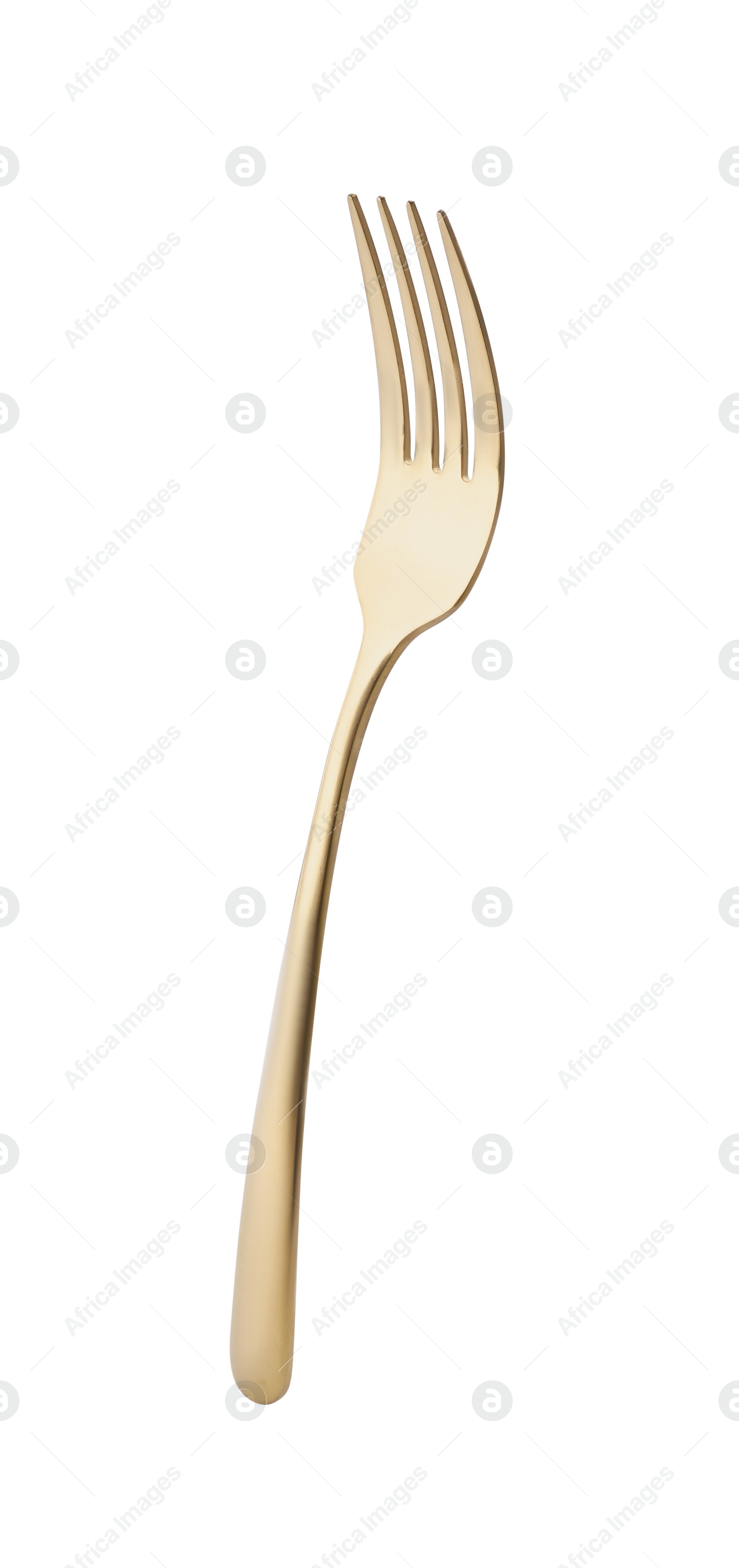 Photo of One shiny golden fork isolated on white