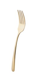 Photo of One shiny golden fork isolated on white