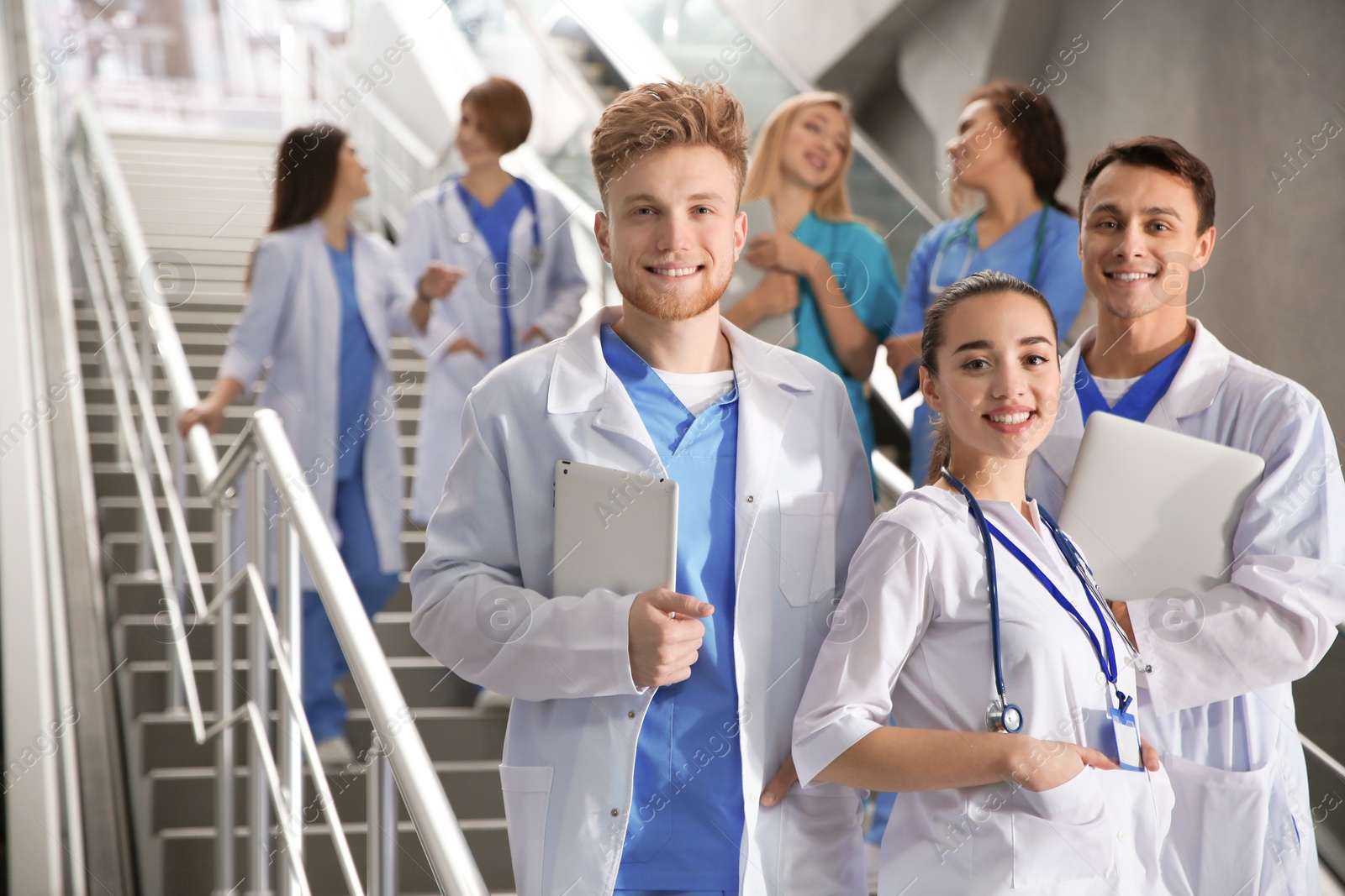 Photo of Group of medical students in college hallway