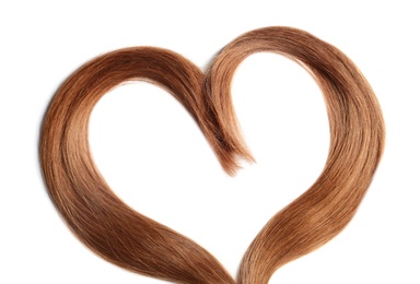 Photo of Heart made of red hair locks on white background