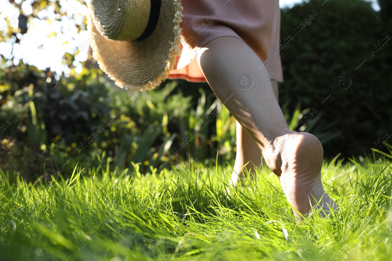 Photo of Woman with straw hat walking barefoot on green grass outdoors, closeup. Space for text