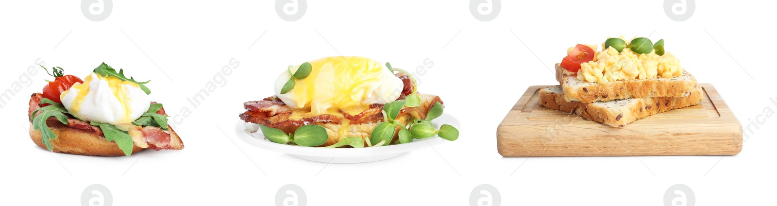 Image of Set of different egg sandwiches on white background. Banner design