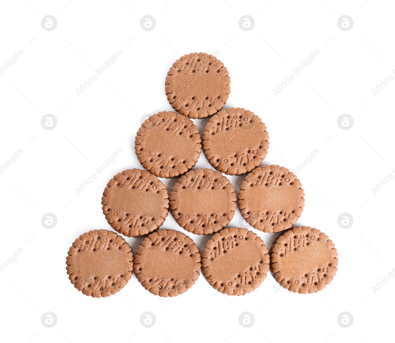 Photo of Tasty chocolate sandwich cookies on white background, top view