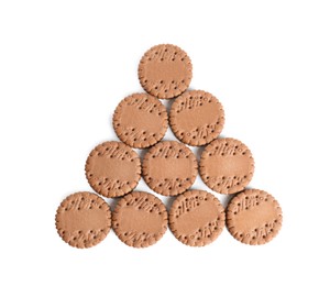 Photo of Tasty chocolate sandwich cookies on white background, top view