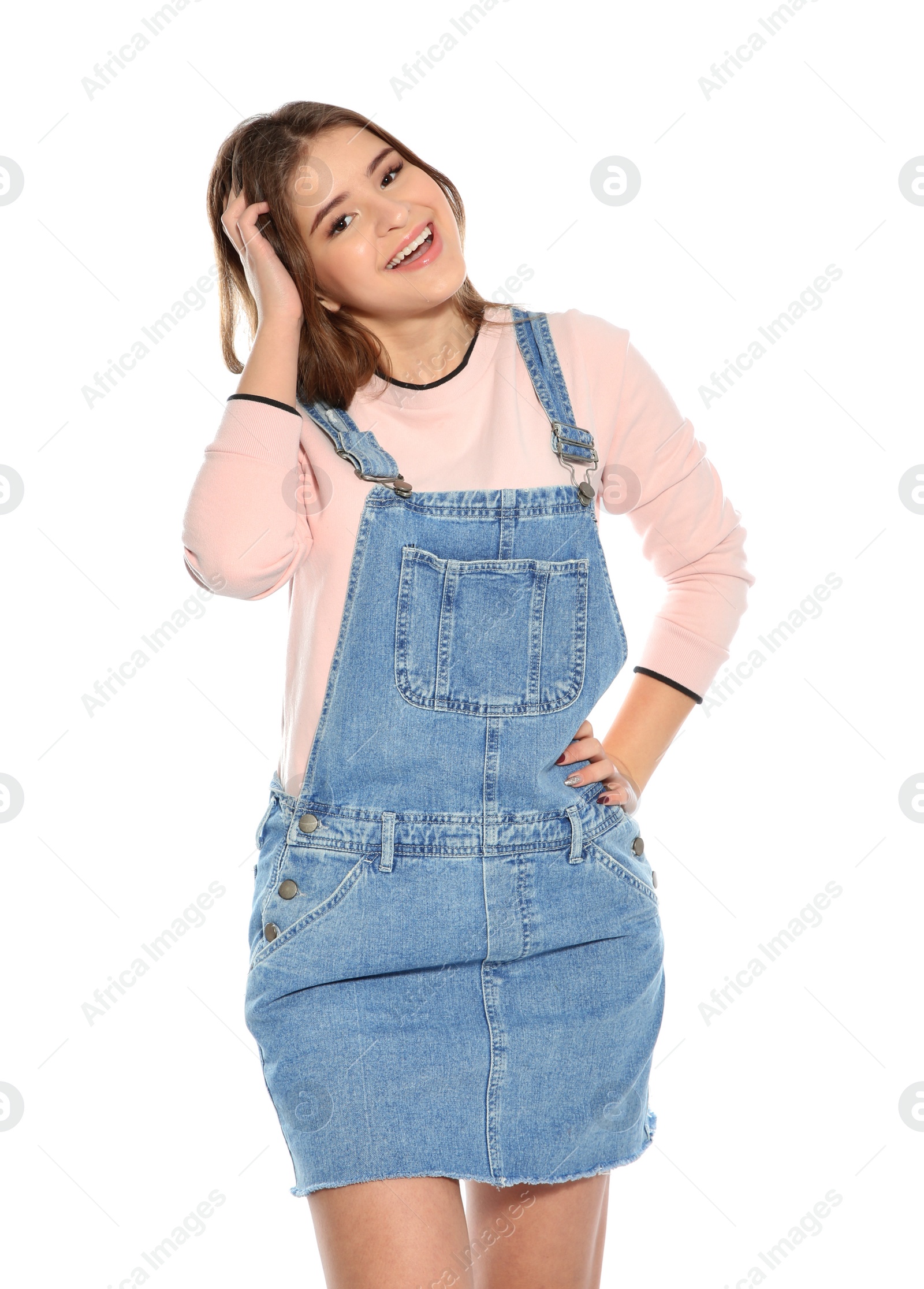 Photo of Beautiful teenage girl in stylish clothes on white background