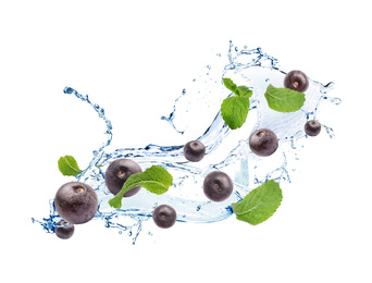 Image of Water splash with acai berries and mint leaves on white background