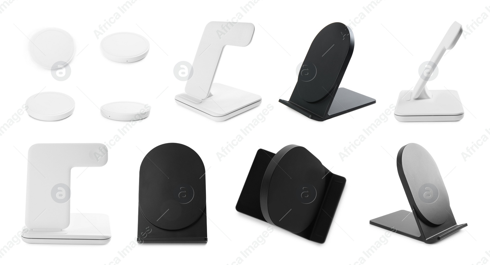 Image of Collage with wireless chargers on white background