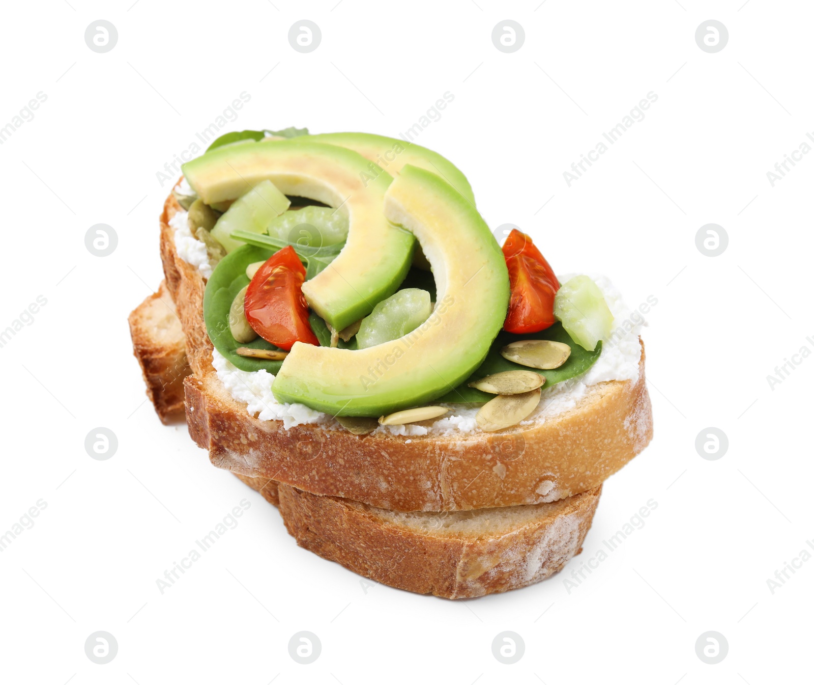 Photo of Tasty vegan sandwich with avocado, tomato and spinach isolated on white