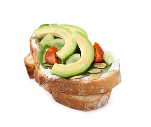 Photo of Tasty vegan sandwich with avocado, tomato and spinach isolated on white