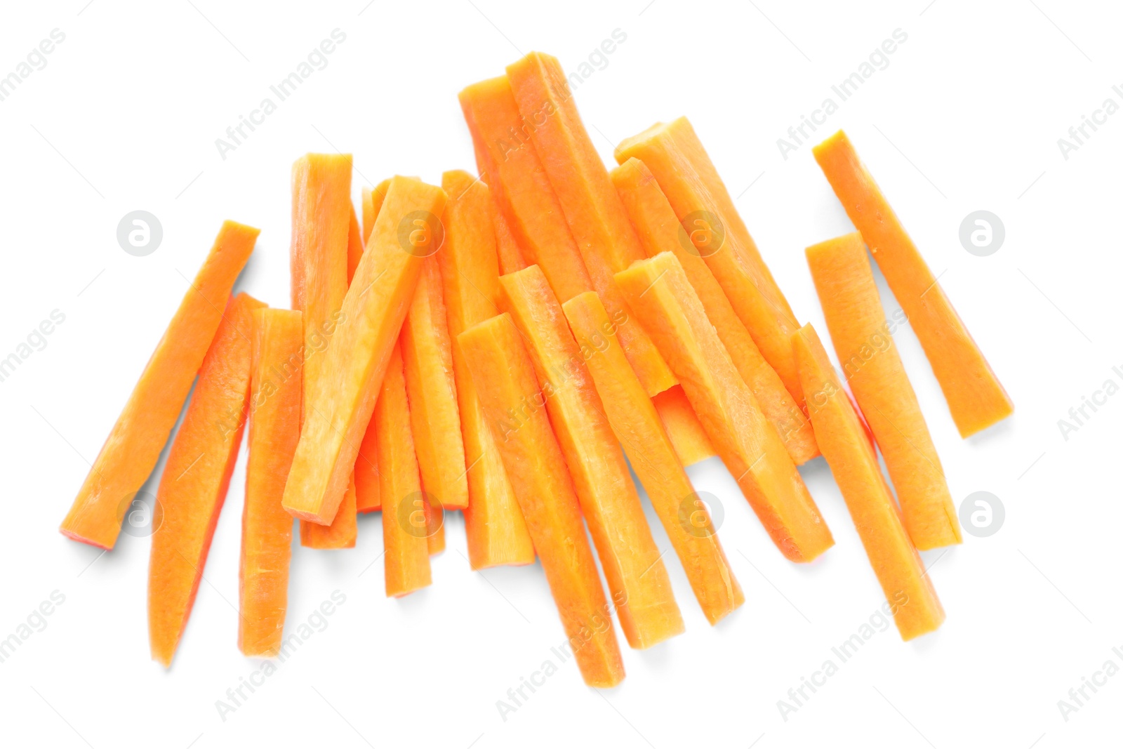 Photo of Pile of delicious carrot sticks isolated on white, top view