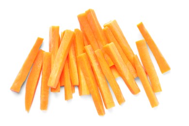 Pile of delicious carrot sticks isolated on white, top view
