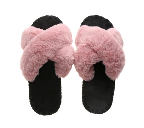 Photo of Pair of soft open toe slippers with pink fur on white background, top view