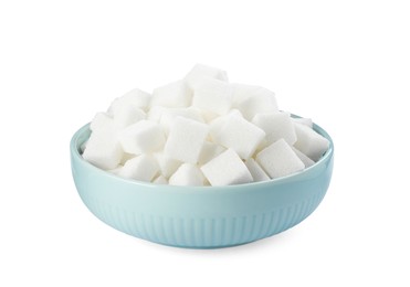 Photo of Bowl of sugar cubes isolated on white