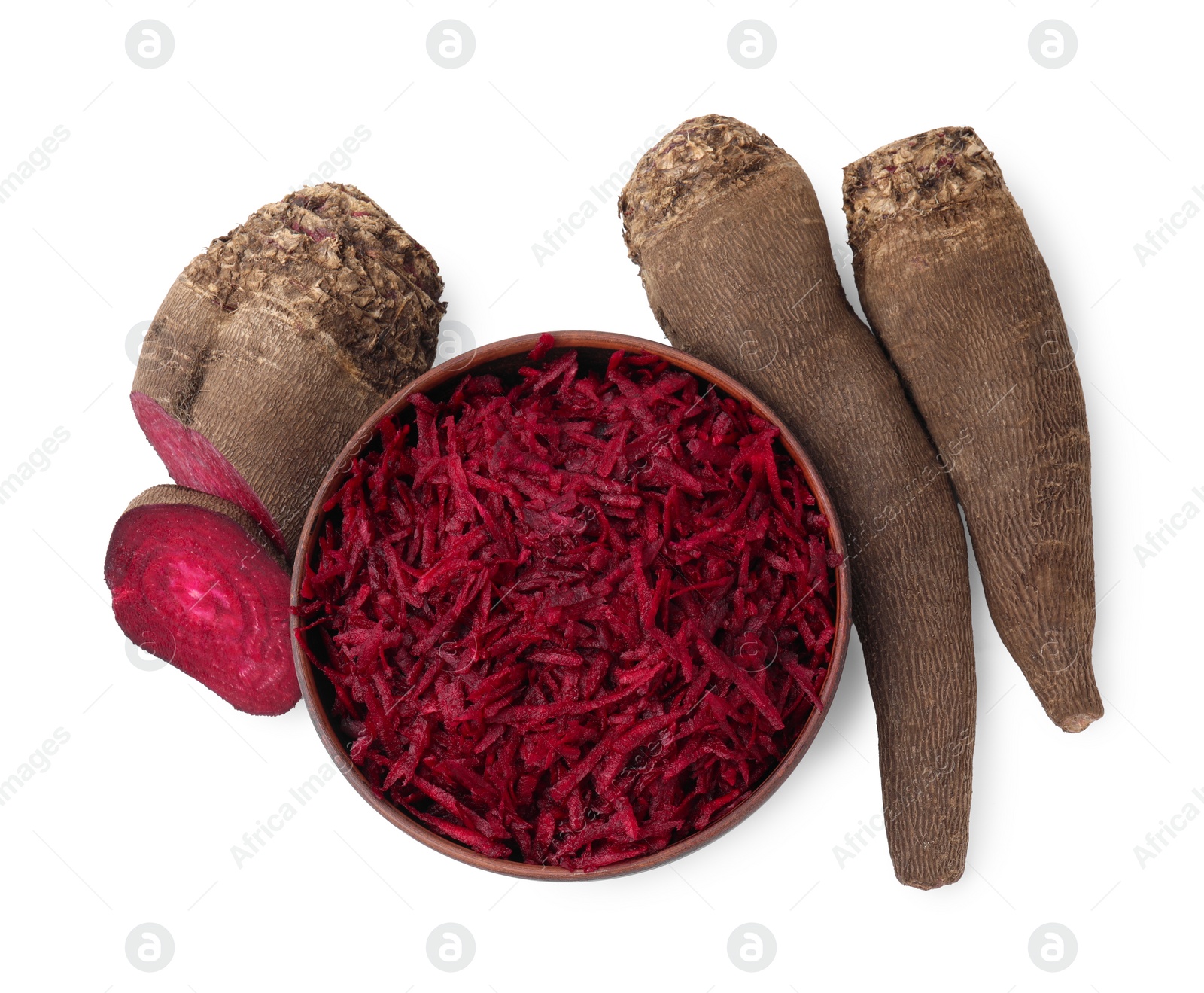 Photo of Whole, cut and grated red beets in bowl isolated on white, top view