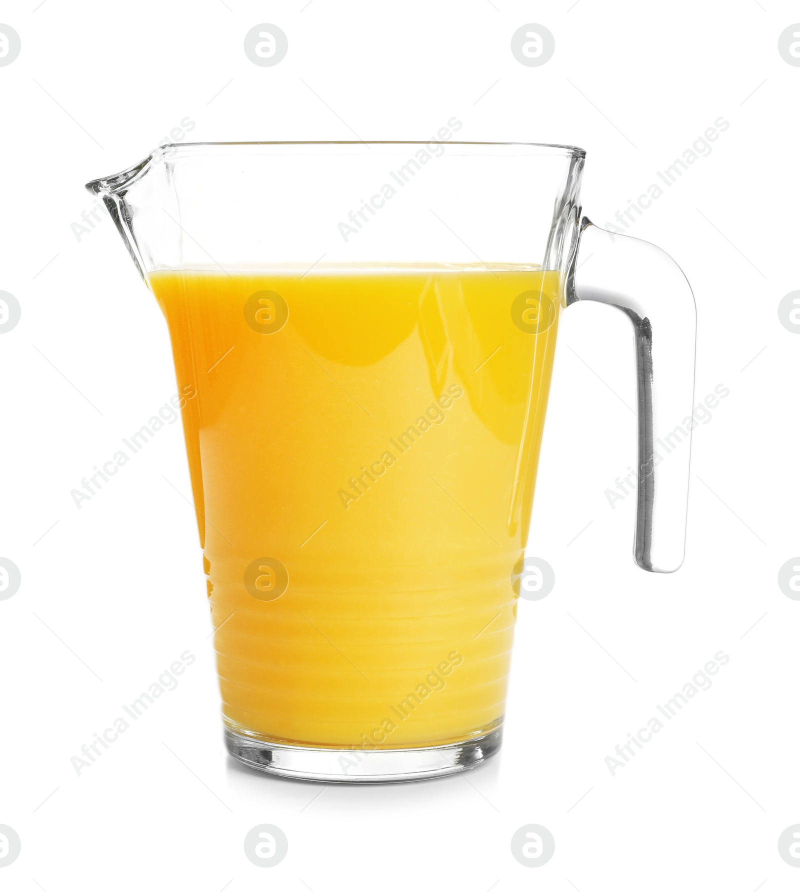 Photo of Jug with orange juice on white background