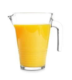 Jug with orange juice on white background