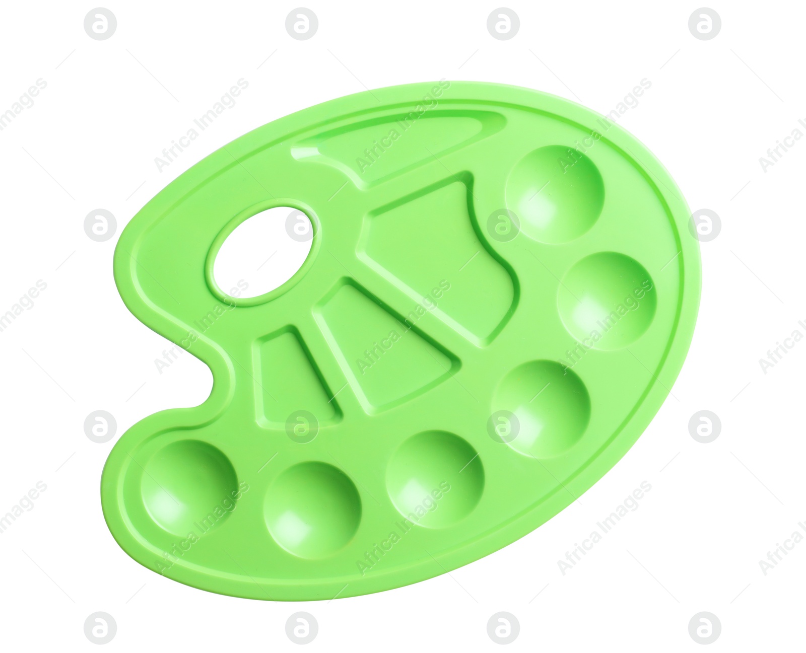 Photo of New plastic palette on white background, top view. Painting equipment for children