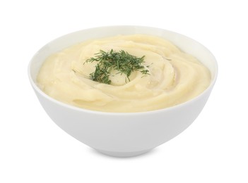 Photo of Bowl of tasty cream soup with dill isolated on white