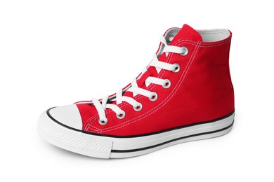 Photo of One new red stylish high top plimsoll on white background
