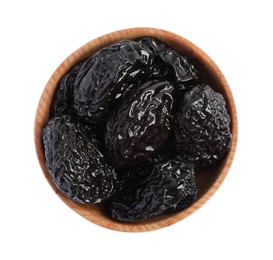 Bowl with sweet dried prunes isolated on white, top view