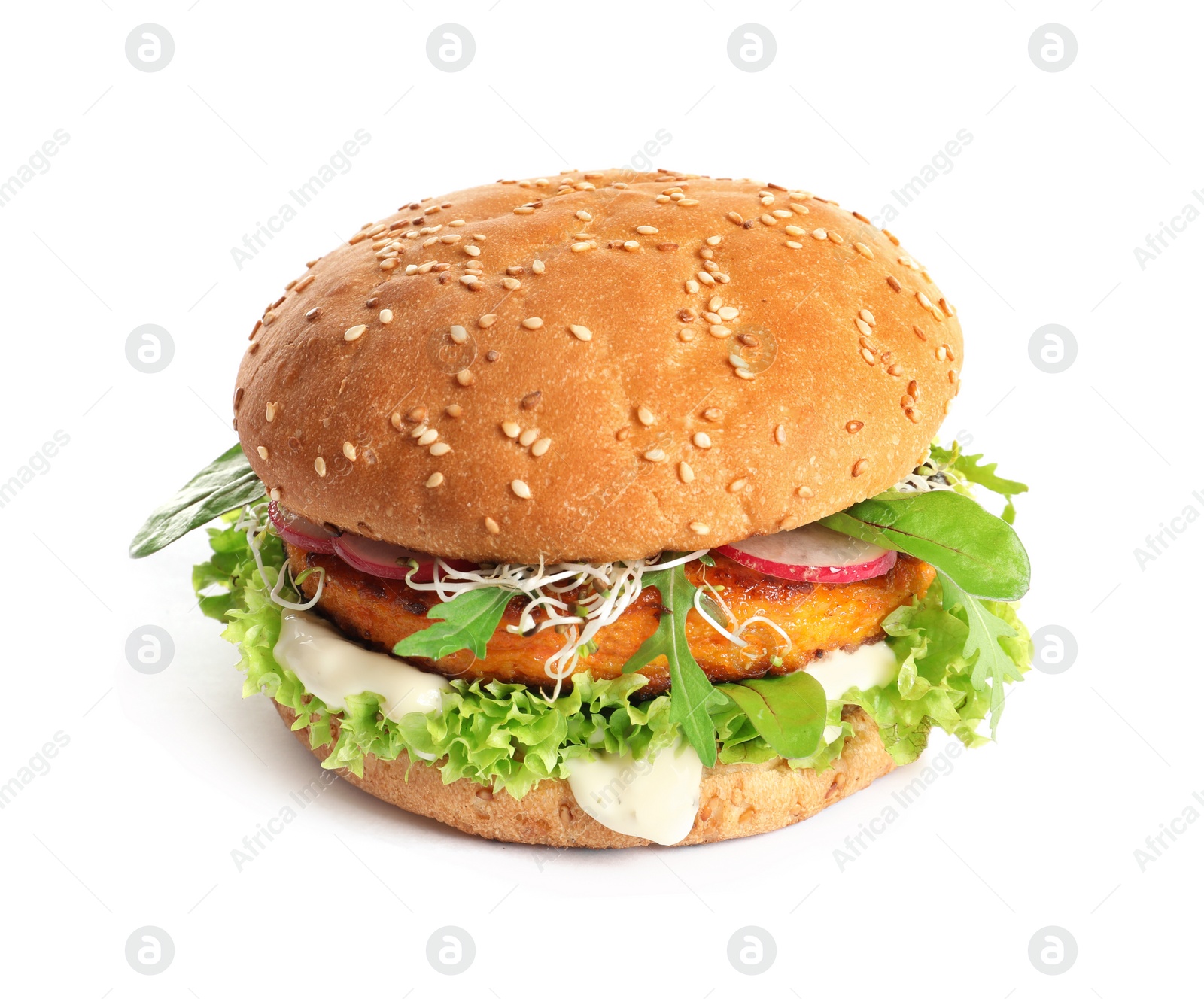 Photo of Tasty vegetarian burger with carrot cutlet on white background