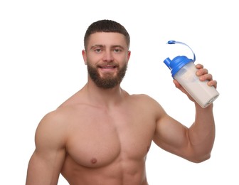 Photo of Young man with muscular body holding shaker of protein on white background