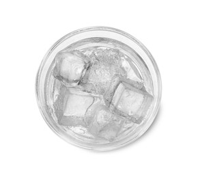 Glass of soda water with ice isolated on white, top view