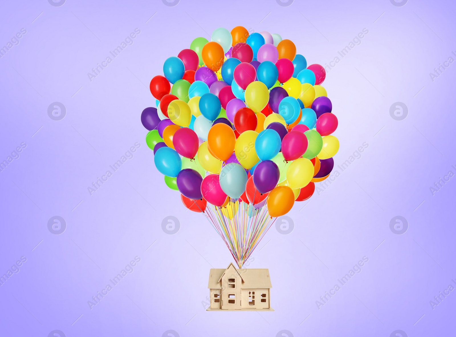 Image of Many balloons tied to model of house flying on violet background