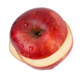 Photo of Sliced ripe red apple isolated on white, top view