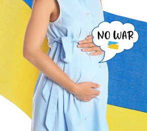 Pregnant woman with speech bubble near her belly and Ukrainian flag on white background, closeup. Future generation against war