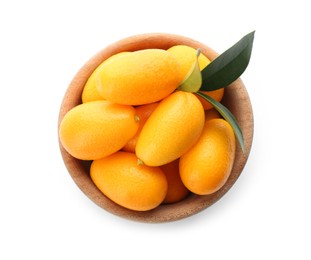 Photo of Fresh ripe kumquats in bowl on white background, top view