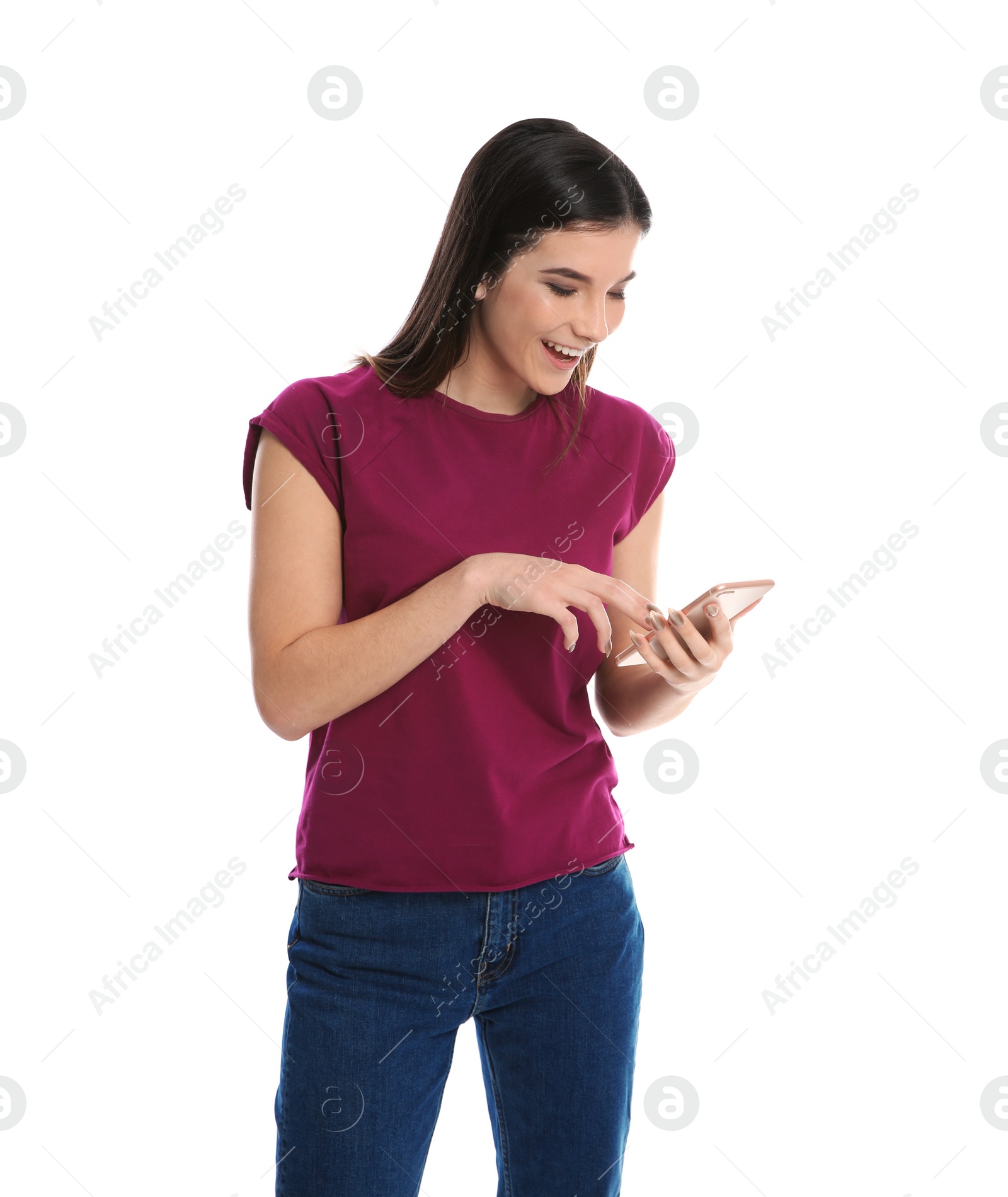 Photo of Beautiful young woman with mobile phone on white background