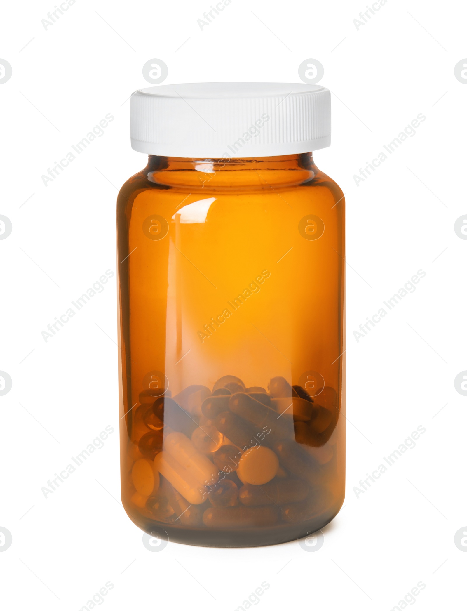 Photo of Bottle with vitamin pills isolated on white